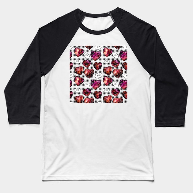 Seamless Pattern of Watercolor Galaxy and Hearts Baseball T-Shirt by Cordata